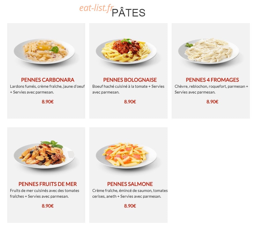 Carte et menu de Andiamo pizza à Sainte Genevieve des Bois — Les pates