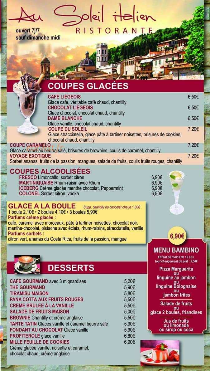 Carte et menu Au Soleil Italien Sainte Genevieve des Bois