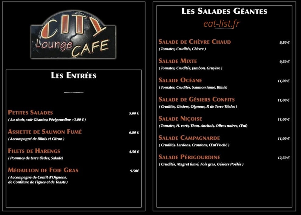 Carte et menu de City Lounge Café à Sainte Genevieve des Bois — Les entrées et salades géantes