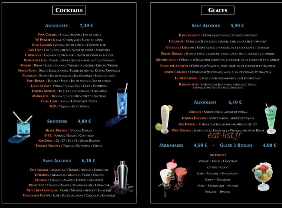 Carte et menu de City Lounge Café à Sainte Genevieve des Bois — Les cocktails et glaces