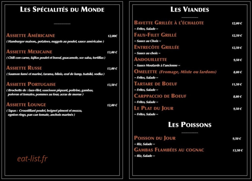 Carte et menu de City Lounge Café à Sainte Genevieve des Bois — Les spécialités et viandes