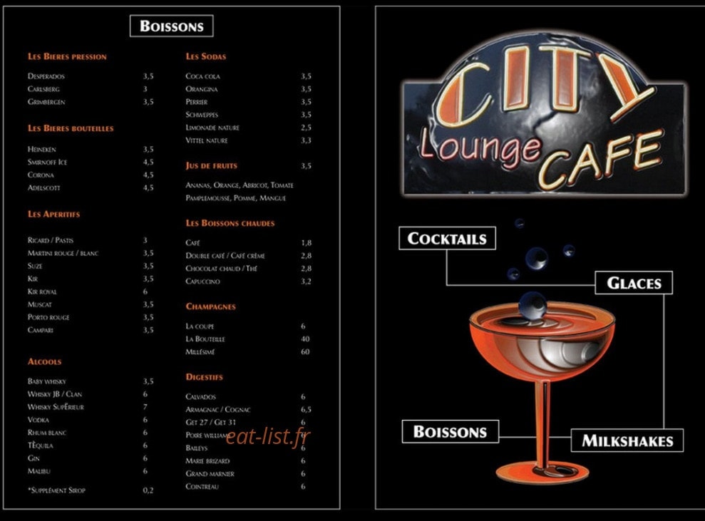 Carte et menu de City Lounge Café à Sainte Genevieve des Bois — Les boissons