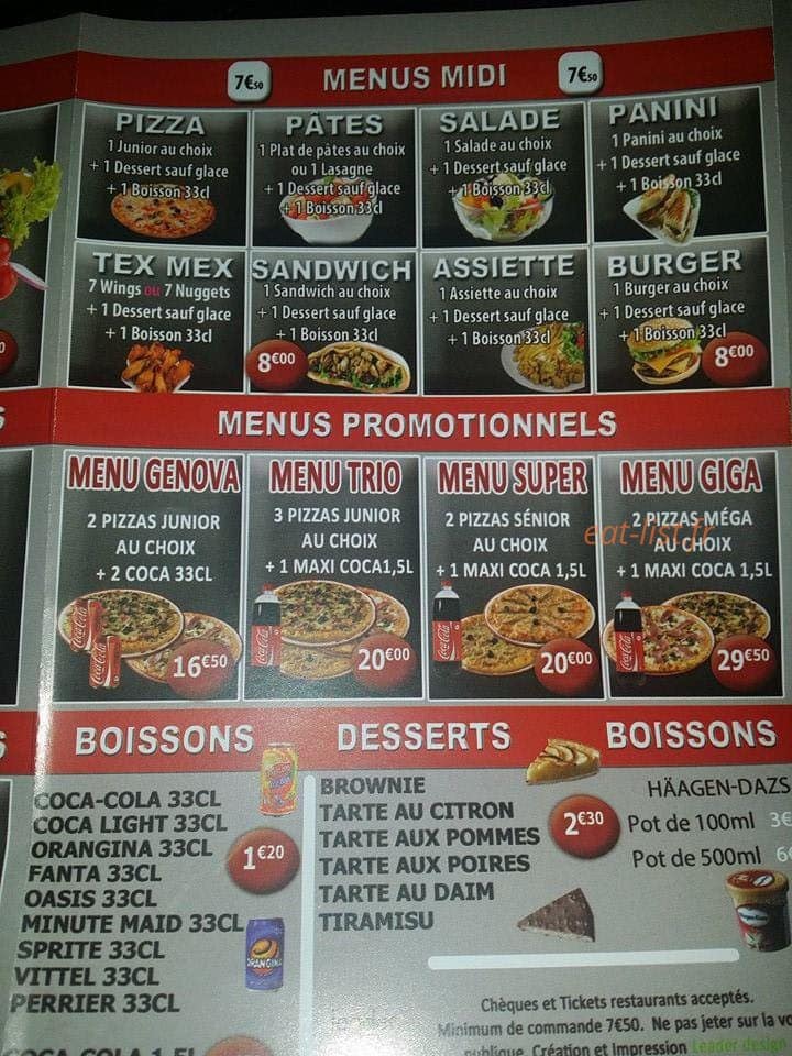 Carte et menu de Di genova pizza à Sainte Genevieve des Bois — Les menus midi, boissons,...