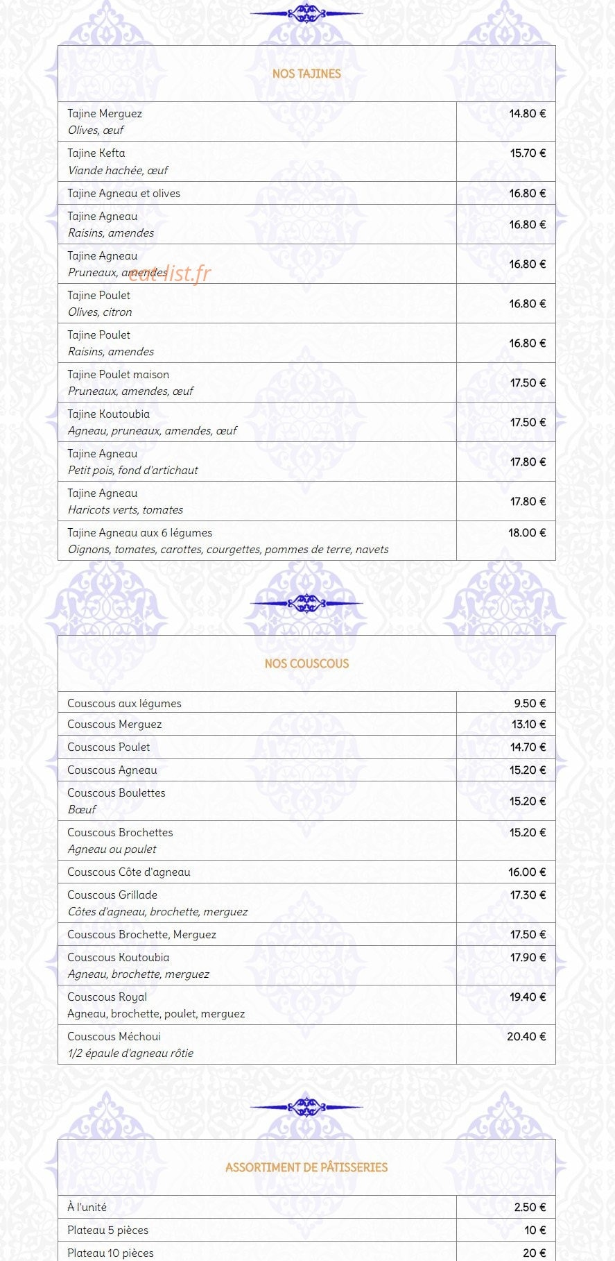Carte et menu de El Koutoubia à Sainte Genevieve des Bois — Couscous, tajines et assortiments des pâtisseries