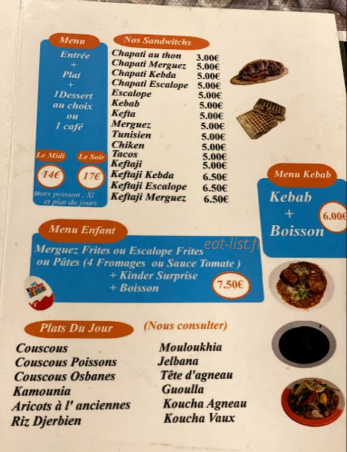 Carte et menu de Elmedina à Sainte Genevieve des Bois — Les menus, sandwichs, ...