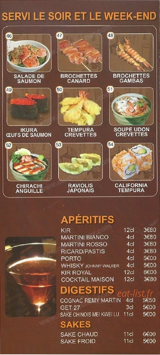 Carte et menu de Hoki-sushi à Sainte Genevieve des Bois — Aperitifs et digestifs