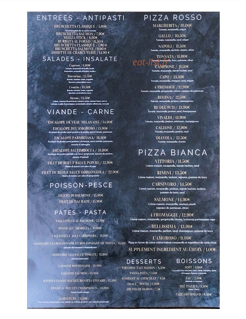 Carte et menu de L’amoroso à Sainte Genevieve des Bois — Les entrées, salades, ...