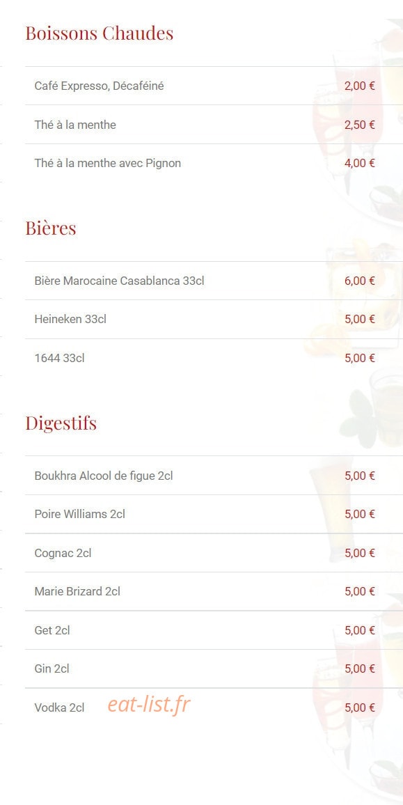 Carte et menu de L'Etoile du maroc à Sainte Genevieve des Bois — Les boissons chaudes, bières et digestifs