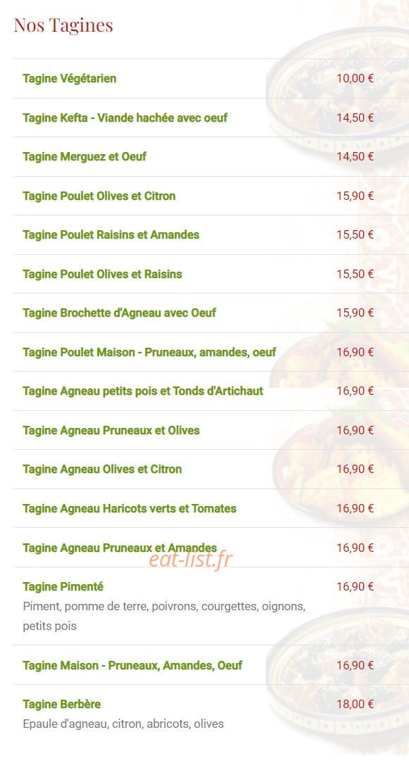 Carte et menu de L'Etoile du maroc à Sainte Genevieve des Bois — Les tagines