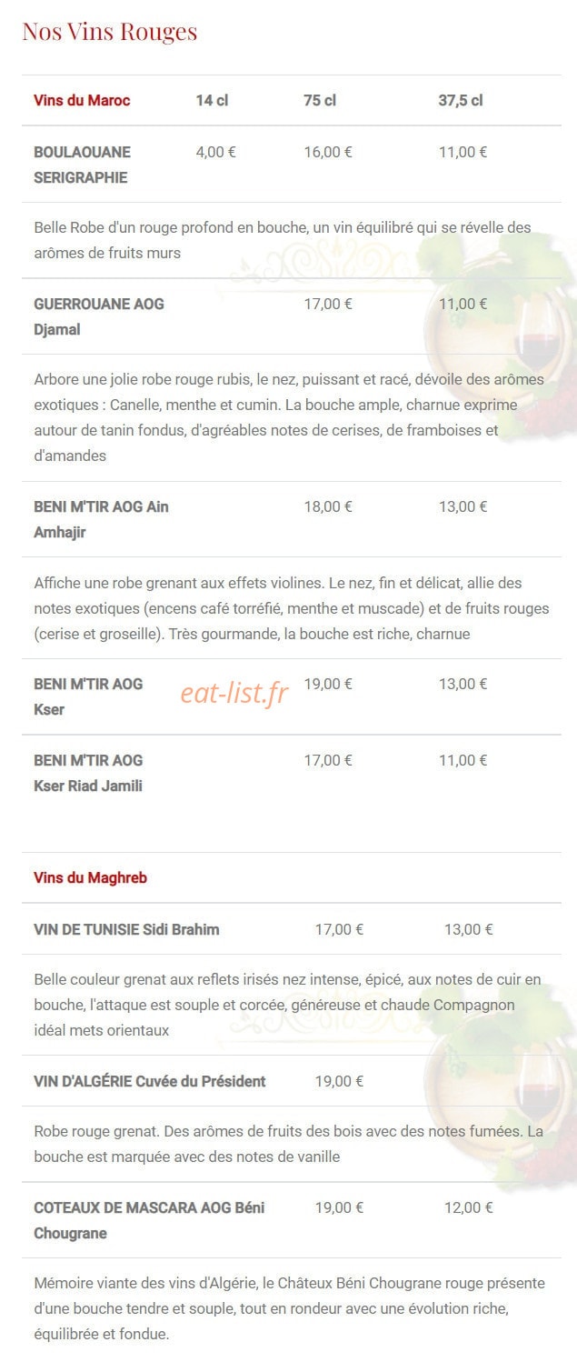 Carte et menu de L'Etoile du maroc à Sainte Genevieve des Bois — Les vins rouges