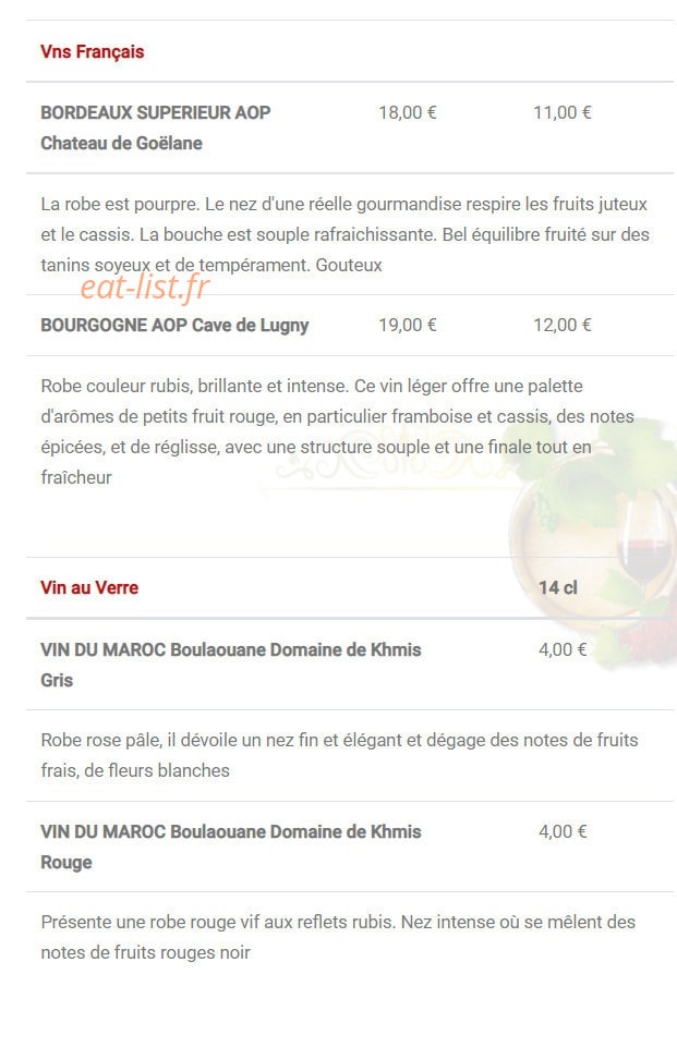 Carte et menu de L'Etoile du maroc à Sainte Genevieve des Bois — Les vins rouges suite