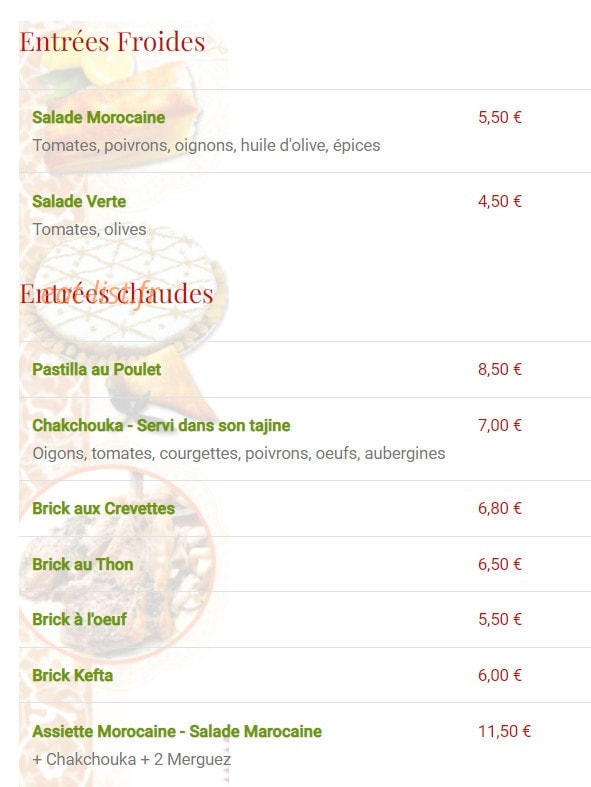 Carte et menu de L'Etoile du maroc à Sainte Genevieve des Bois — Les entrées