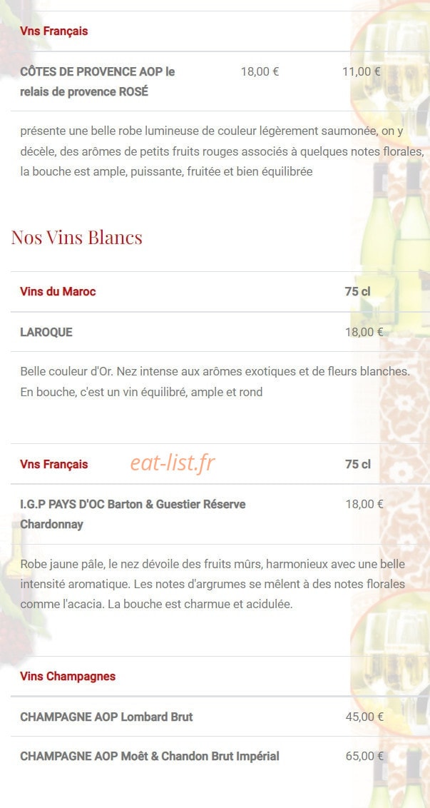 Carte et menu de L'Etoile du maroc à Sainte Genevieve des Bois — Les vins rosés et vins blancs