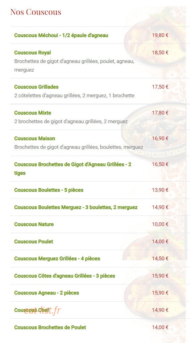 Carte et menu de L'Etoile du maroc à Sainte Genevieve des Bois — Les couscous