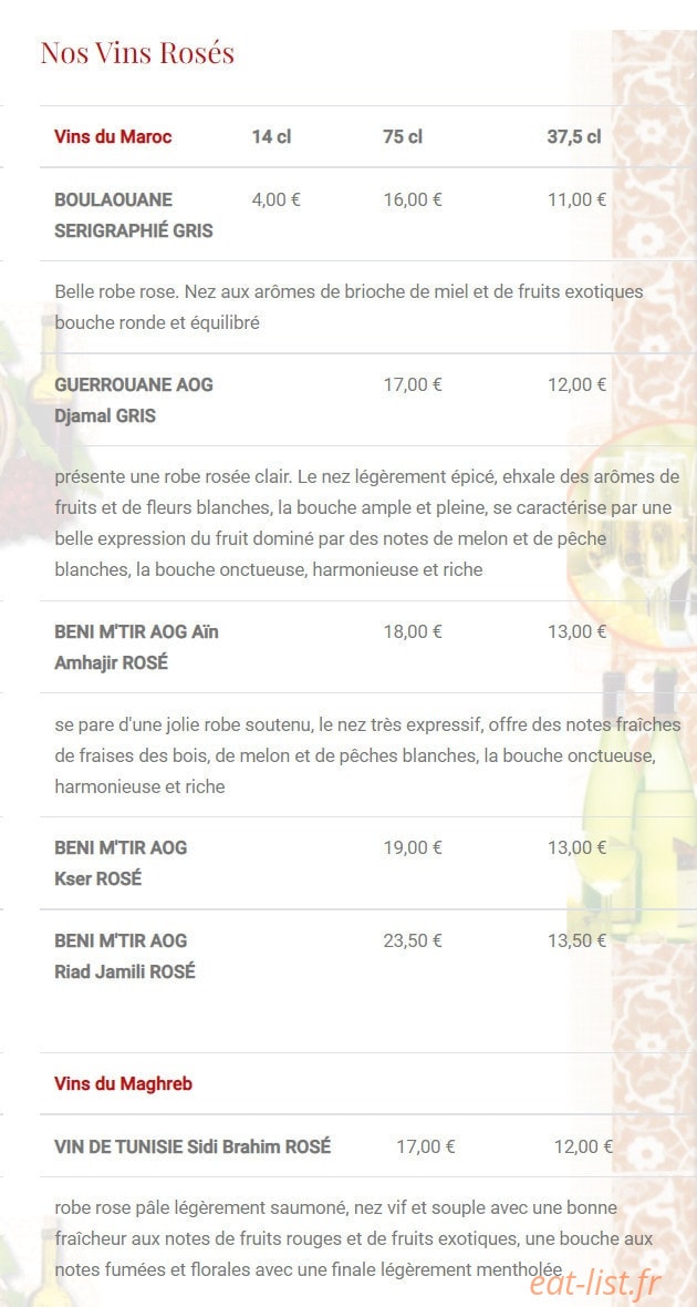 Carte et menu de L'Etoile du maroc à Sainte Genevieve des Bois — Les vins rosés