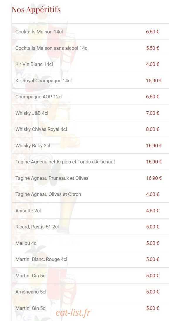 Carte et menu de L'Etoile du maroc à Sainte Genevieve des Bois — Les appéritifs