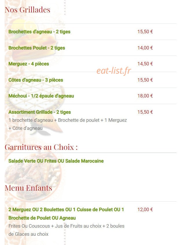 Carte et menu de L'Etoile du maroc à Sainte Genevieve des Bois — Les grillades, garnitures et menu enfant