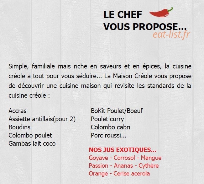 Carte et menu de La maison créole à Sainte Genevieve des Bois — Les propositions du chef