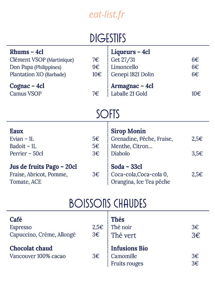 Carte et menu de Le Plongeoir D'en Face à Sainte Genevieve des Bois — Les digestifs, softs, ...