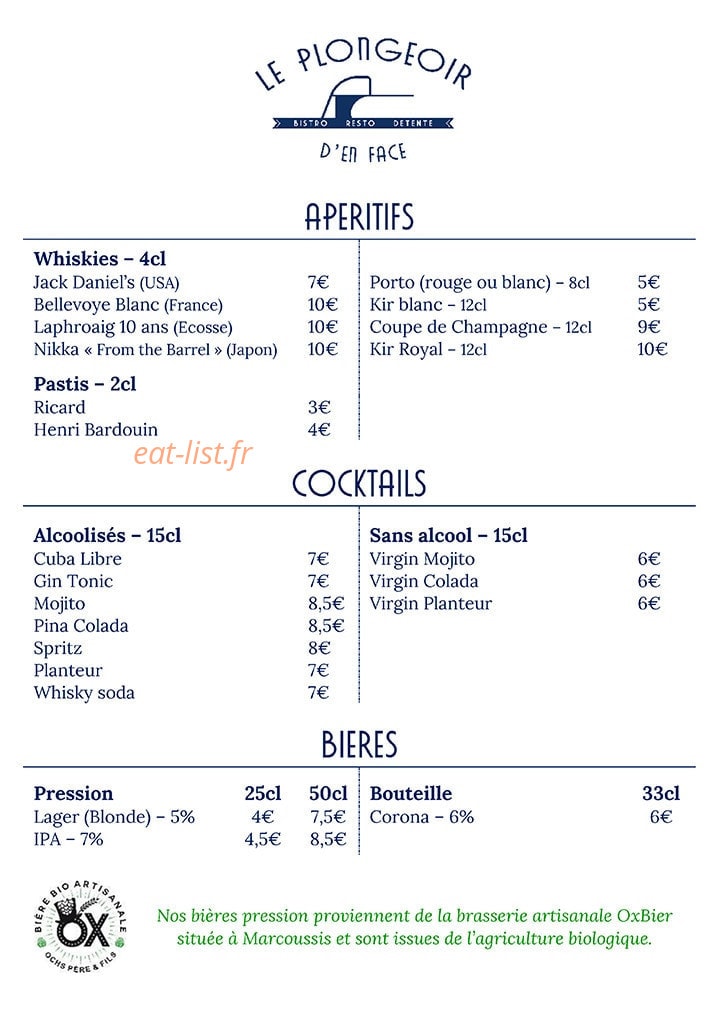 Carte et menu de Le Plongeoir D'en Face à Sainte Genevieve des Bois — Les apéritifs, cocktails, ...