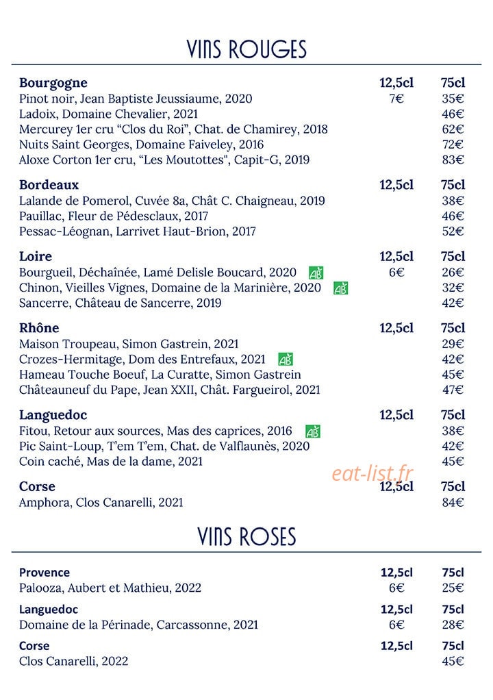 Carte et menu de Le Plongeoir D'en Face à Sainte Genevieve des Bois — Les vins rouges et rosés
