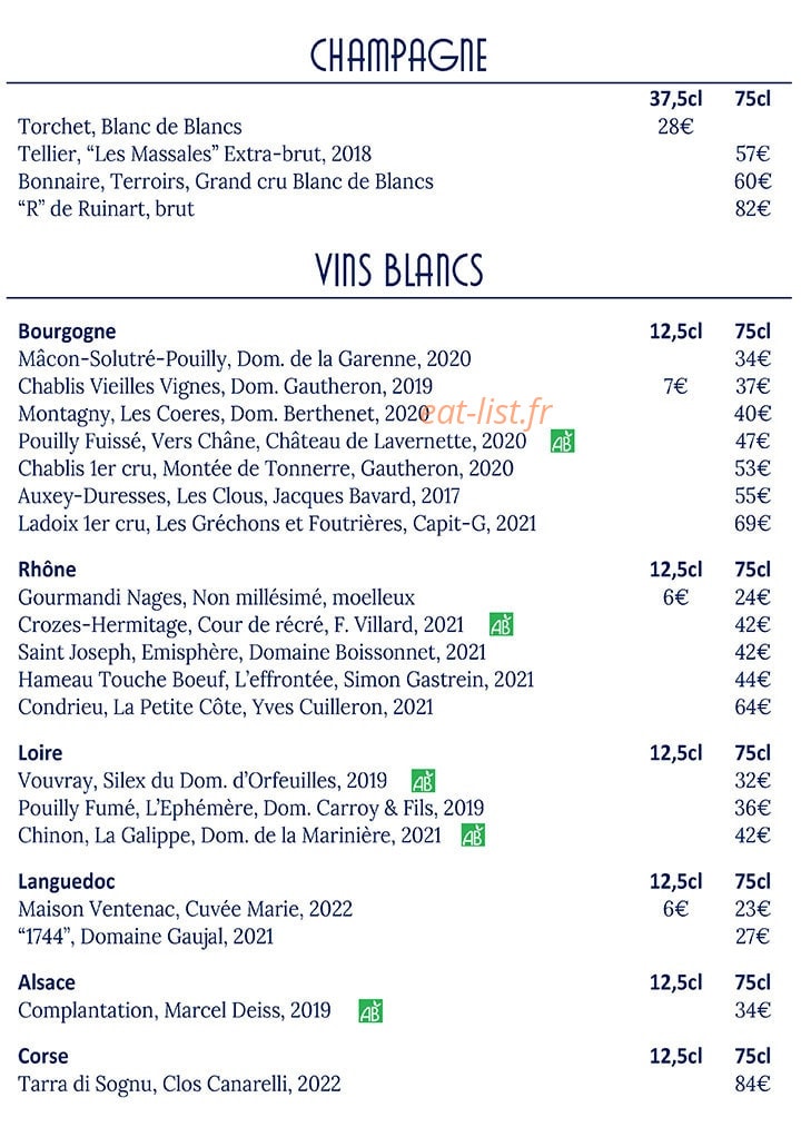 Carte et menu de Le Plongeoir D'en Face à Sainte Genevieve des Bois — Les champagnes et vins blancs