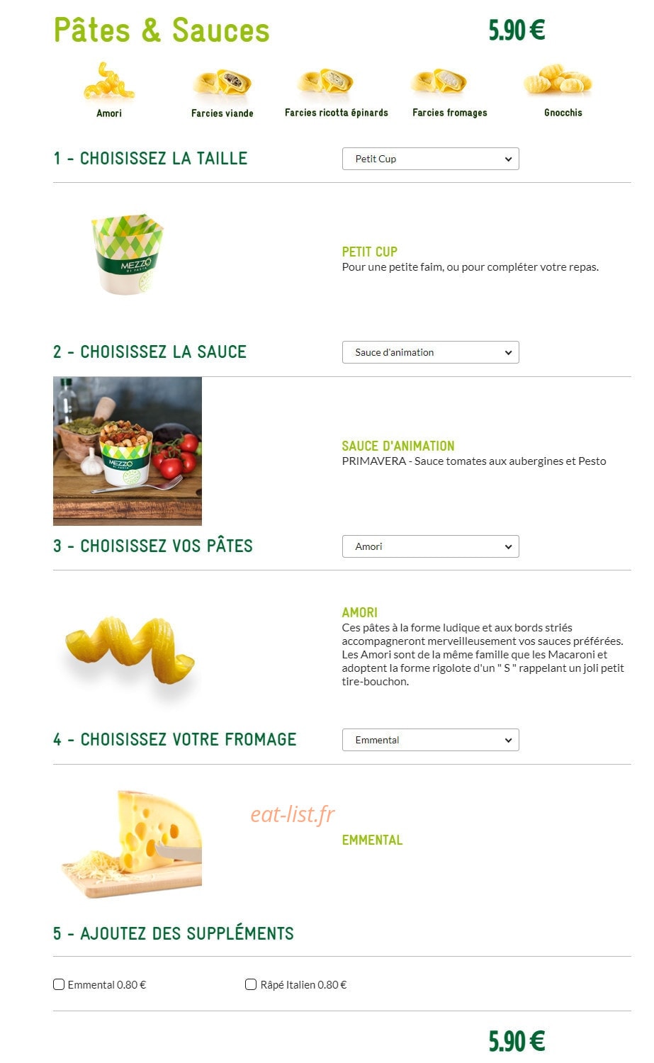 Carte et menu de Mezzo Di Pasta à Sainte Genevieve des Bois — Les pates et sauces