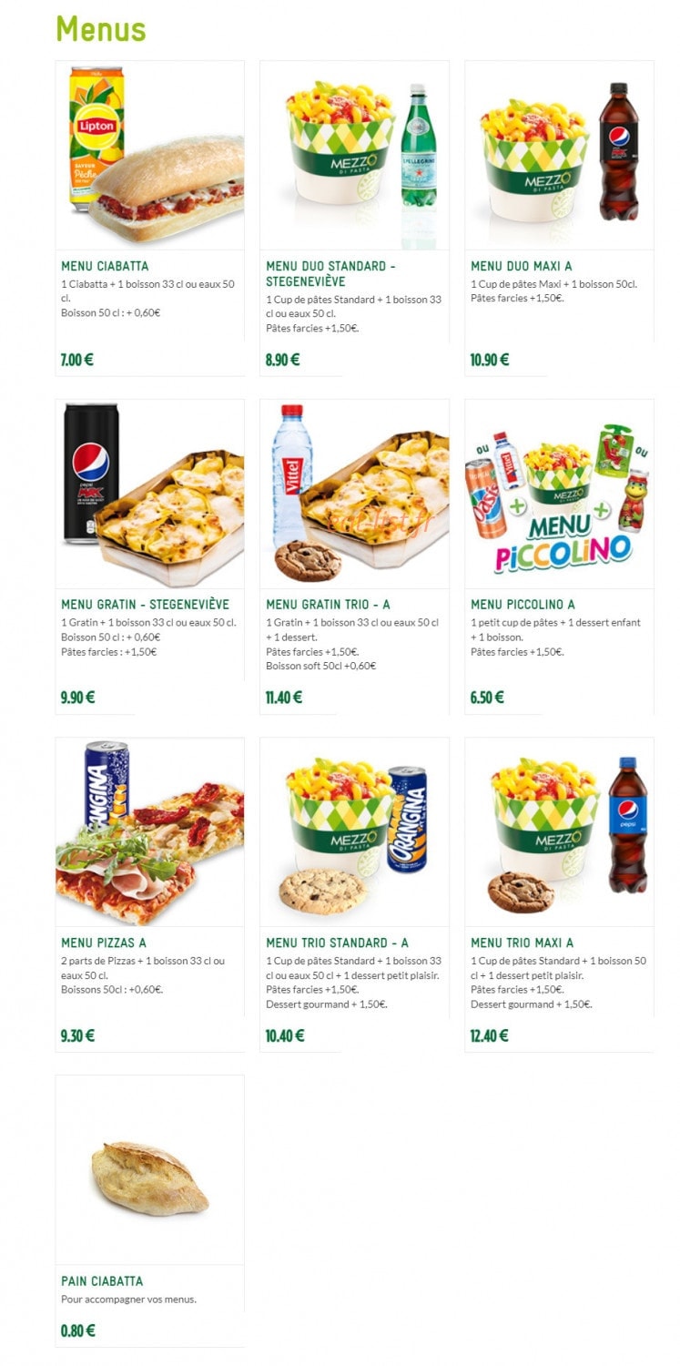 Carte et menu de Mezzo Di Pasta à Sainte Genevieve des Bois — Les menus