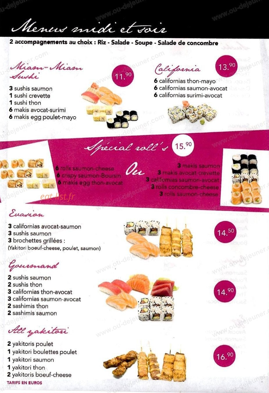 Carte et menu de Miam miam sushi à Sainte Genevieve des Bois — Les menus suite