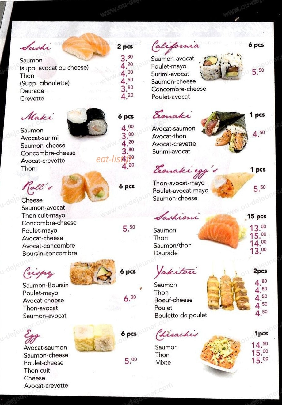 Carte et menu de Miam miam sushi à Sainte Genevieve des Bois — Les sushis, makis,....