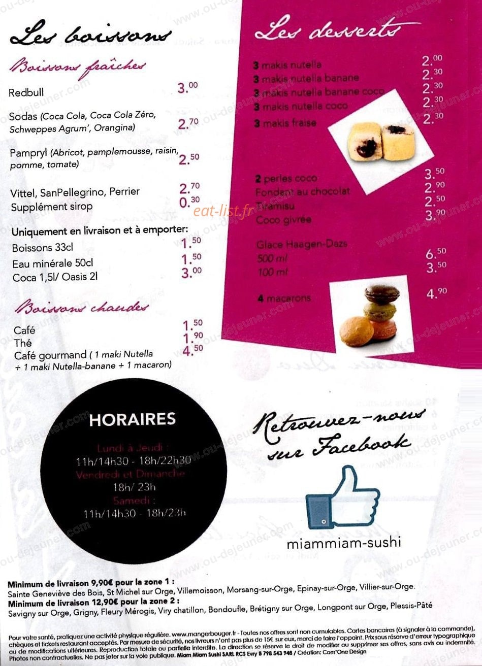 Carte et menu de Miam miam sushi à Sainte Genevieve des Bois — Les boissons et desserts