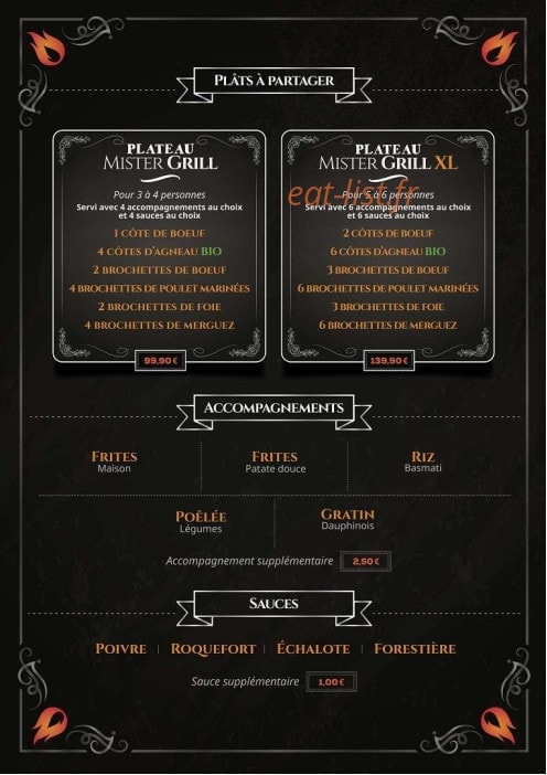 Carte et menu de Mister Grill à Sainte Genevieve des Bois — Les plats à partager, accompagnement et sauces
