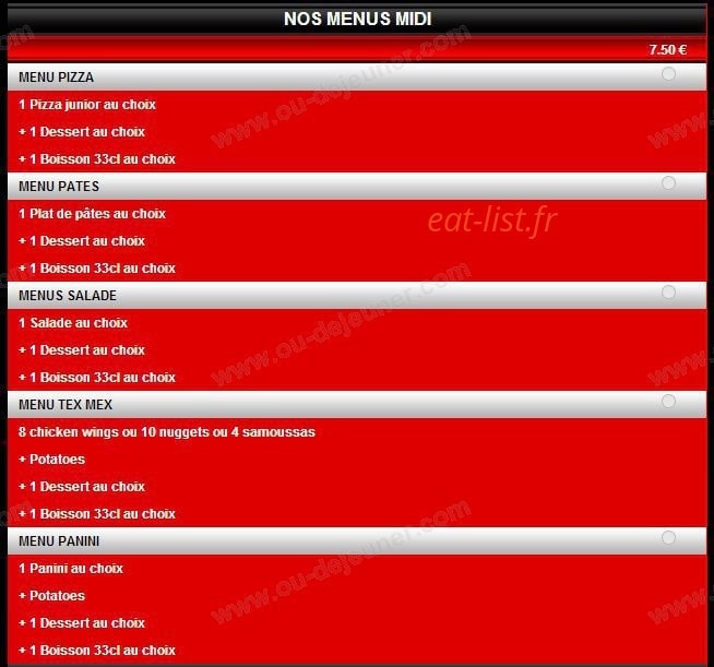 Carte et menu de Pizza house 91 à Sainte Genevieve des Bois — Les menus midi
