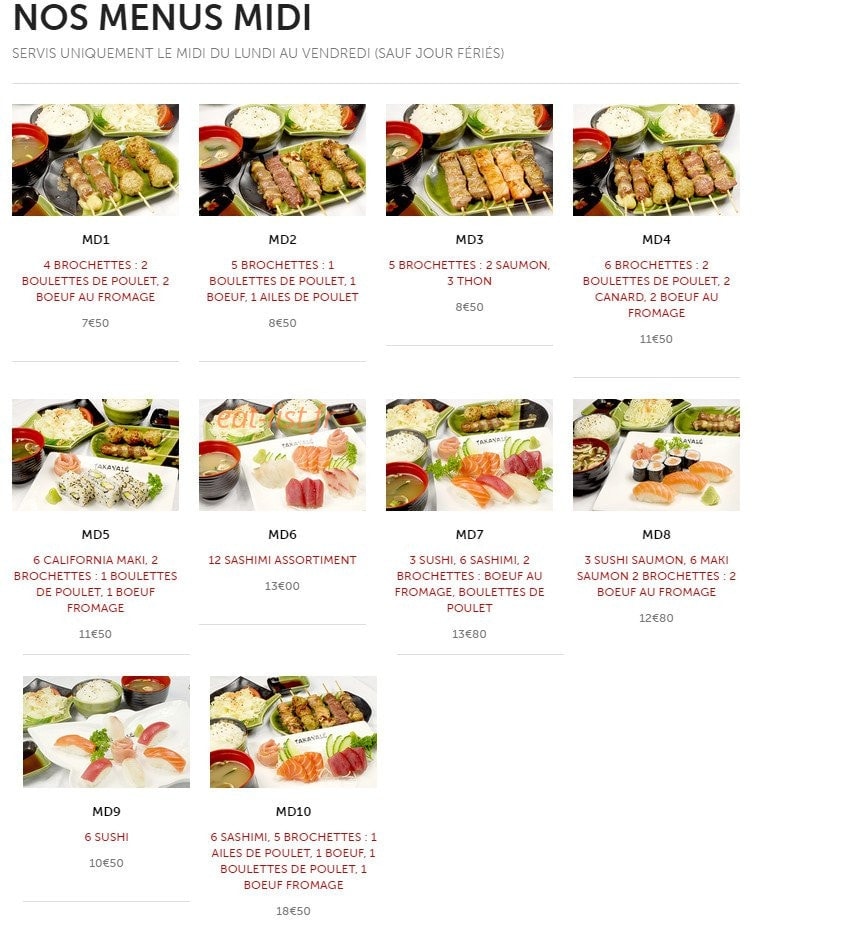 Carte et menu de Takayalé à Sainte Genevieve des Bois — Menus midi