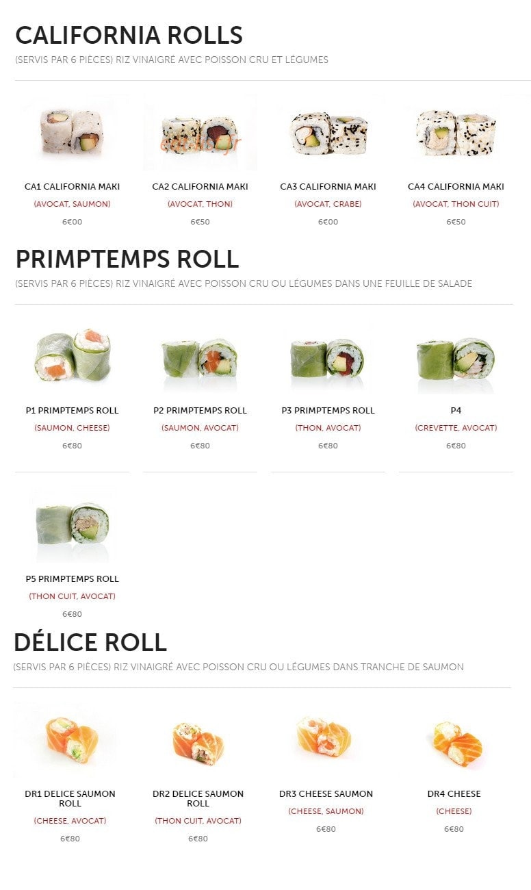 Carte et menu de Takayalé à Sainte Genevieve des Bois — California, printemps et délice rolls