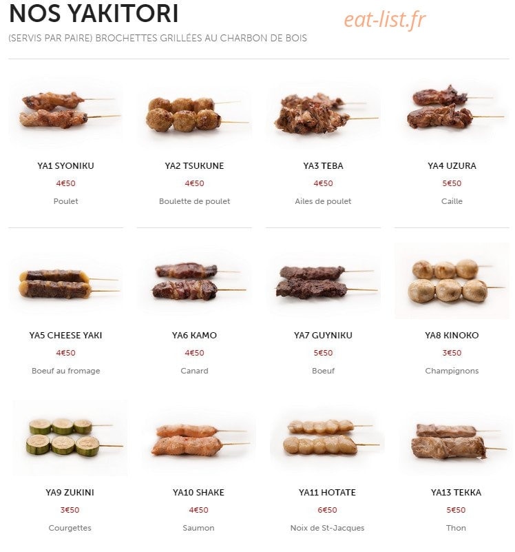 Carte et menu de Takayalé à Sainte Genevieve des Bois — Yakitori