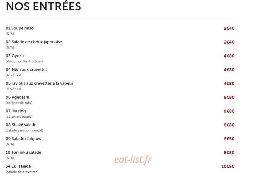 Carte et menu de Takayalé à Sainte Genevieve des Bois — Entrées