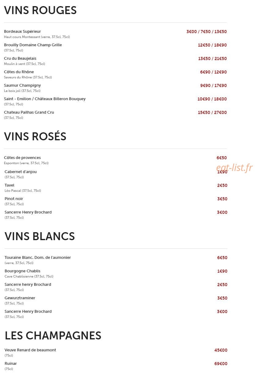 Carte et menu de Takayalé à Sainte Genevieve des Bois — Vins et champagnes
