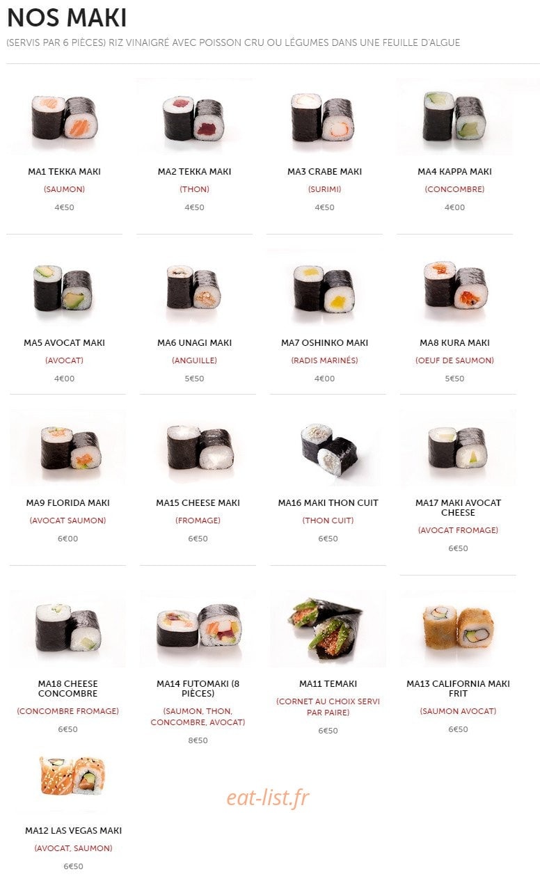 Carte et menu de Takayalé à Sainte Genevieve des Bois — Maki