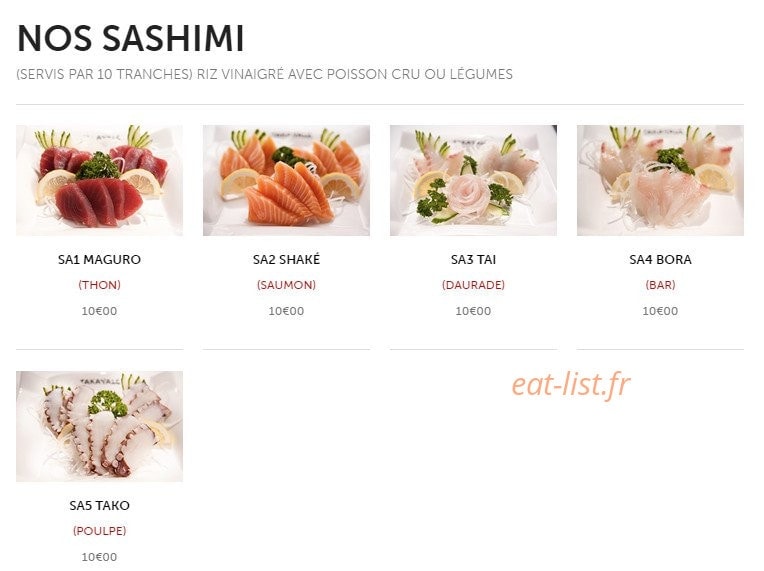 Carte et menu de Takayalé à Sainte Genevieve des Bois — Sashimi