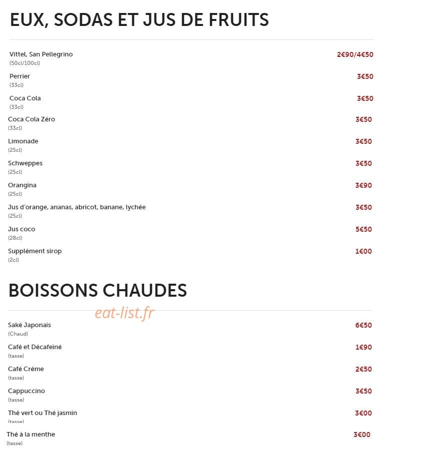 Carte et menu de Takayalé à Sainte Genevieve des Bois — Eaux, soda, boissons chauds,....
