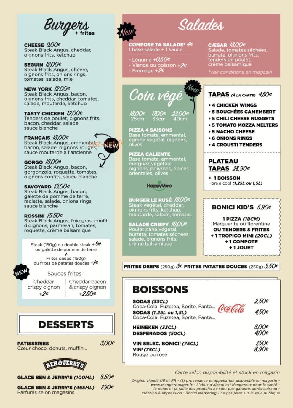 Carte et menu de Pizza Bonici à Boussy Saint Antoine — Les burgers, salades, ...