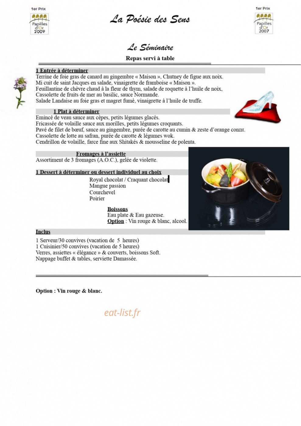 Carte et menu de La Poésie des Sens à Epinay Sous Senart — Le séminaire