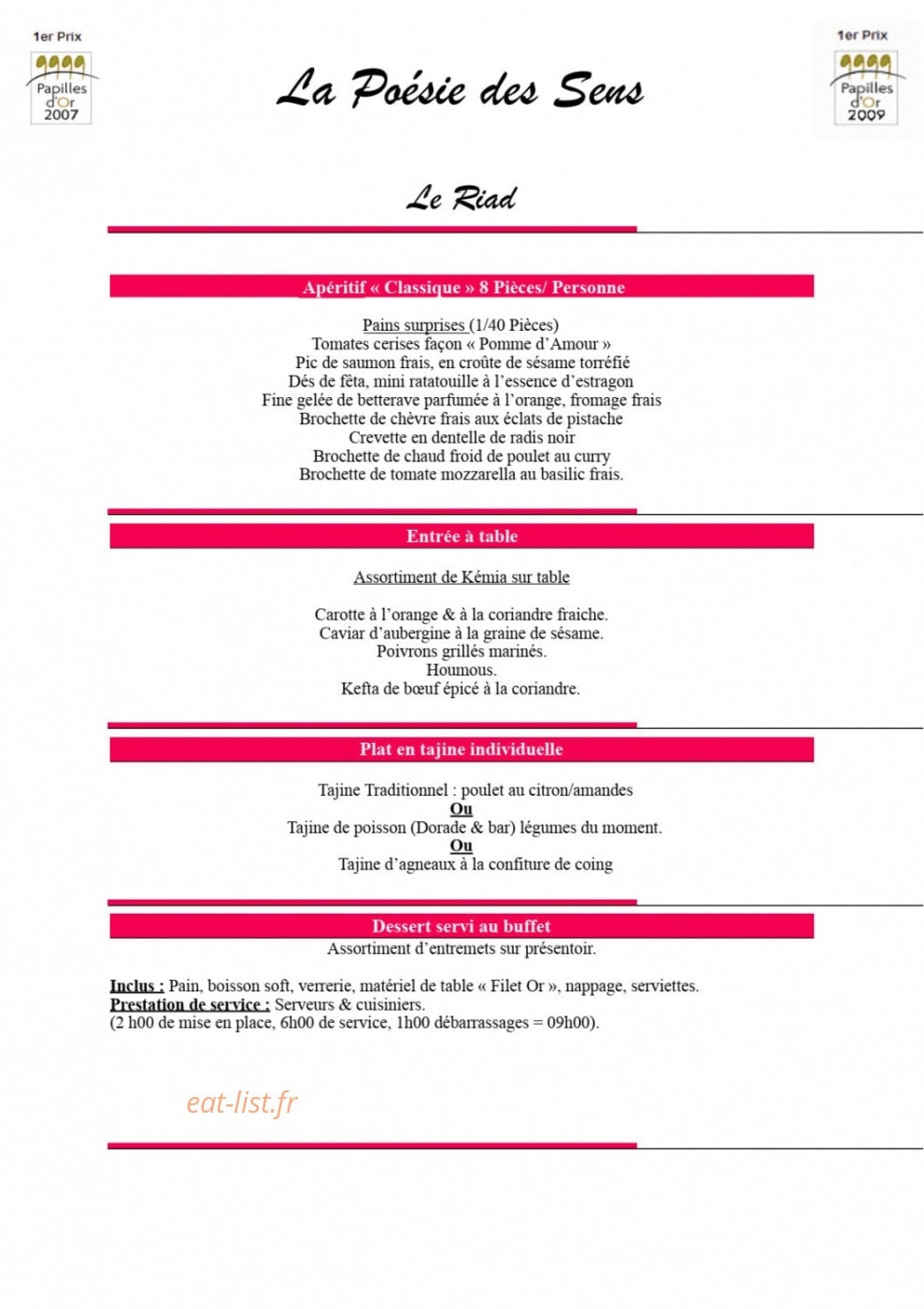 Carte et menu de La Poésie des Sens à Epinay Sous Senart — Menu oriental