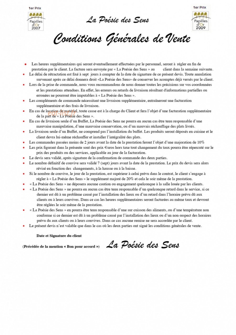 Carte et menu de La Poésie des Sens à Epinay Sous Senart — Conditions générales de vente