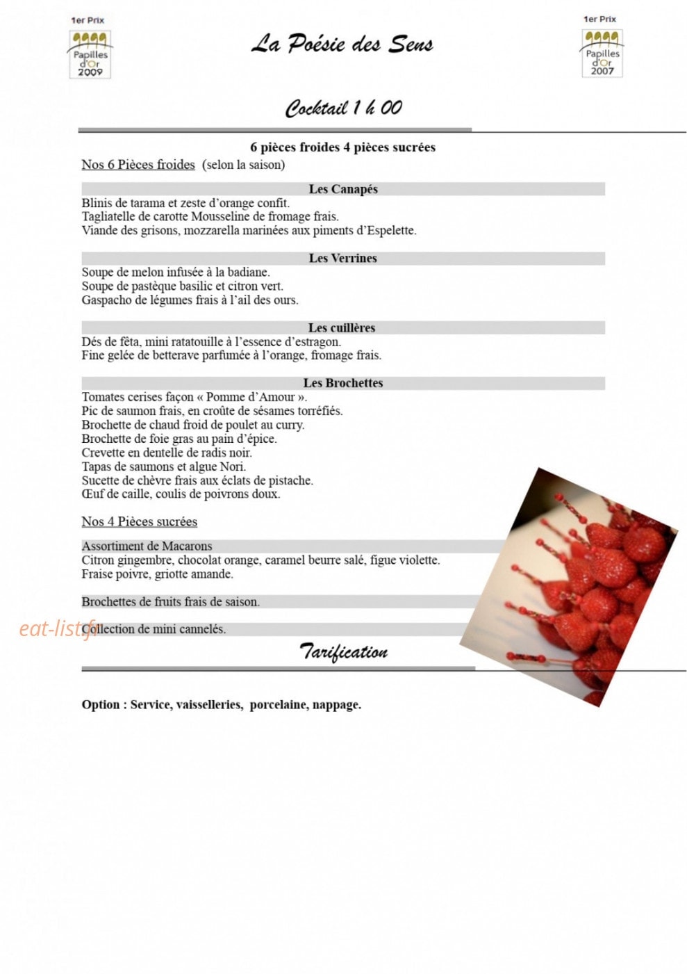Carte et menu de La Poésie des Sens à Epinay Sous Senart — Cocktail 1 h 00