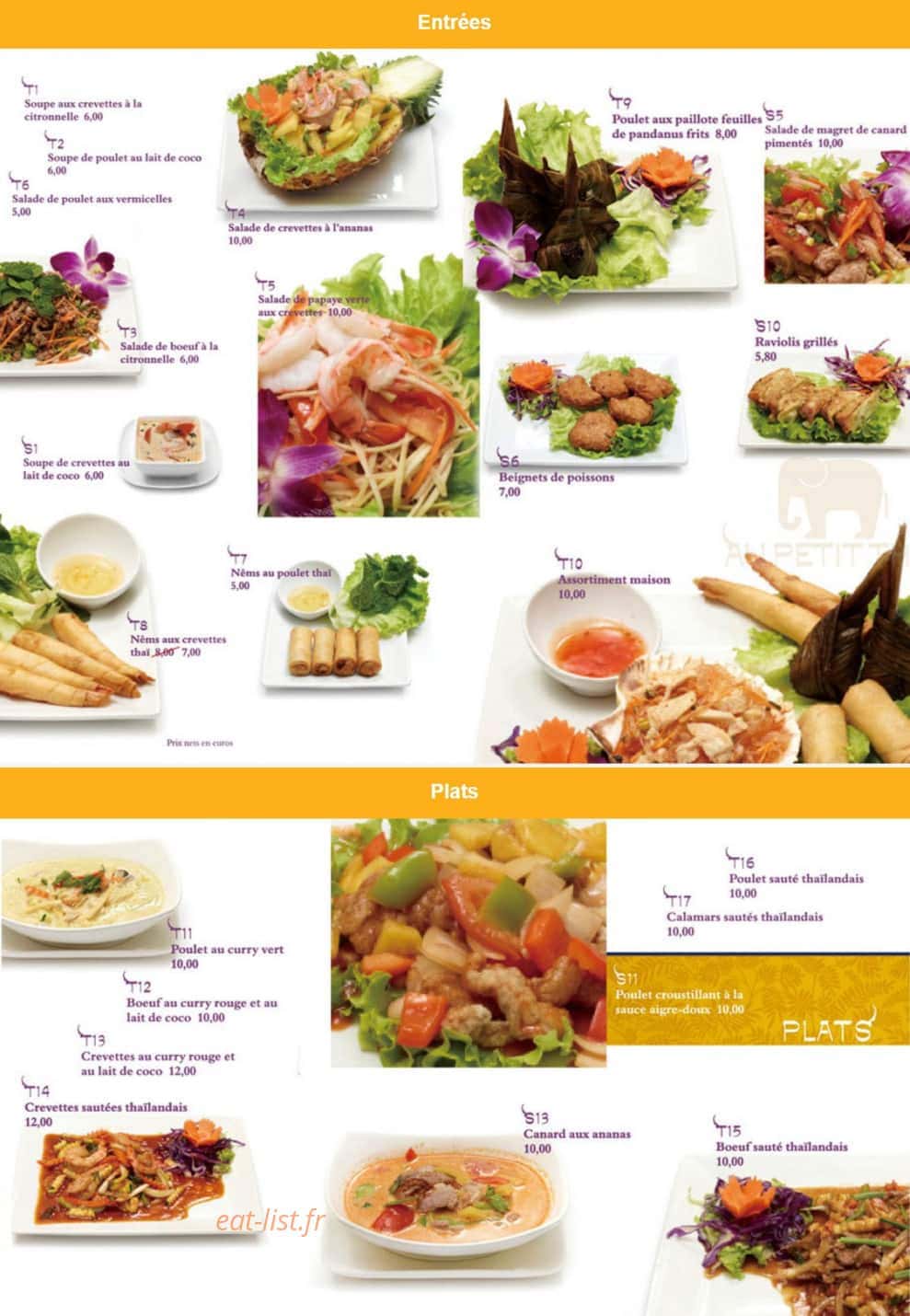 Au Petit Thaï — carte page 1