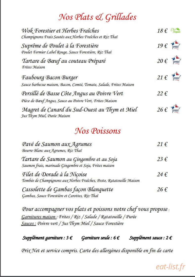 Carte et menu de Le Faubourg La Défense à Nanterre — Les plats , grillades et poissons