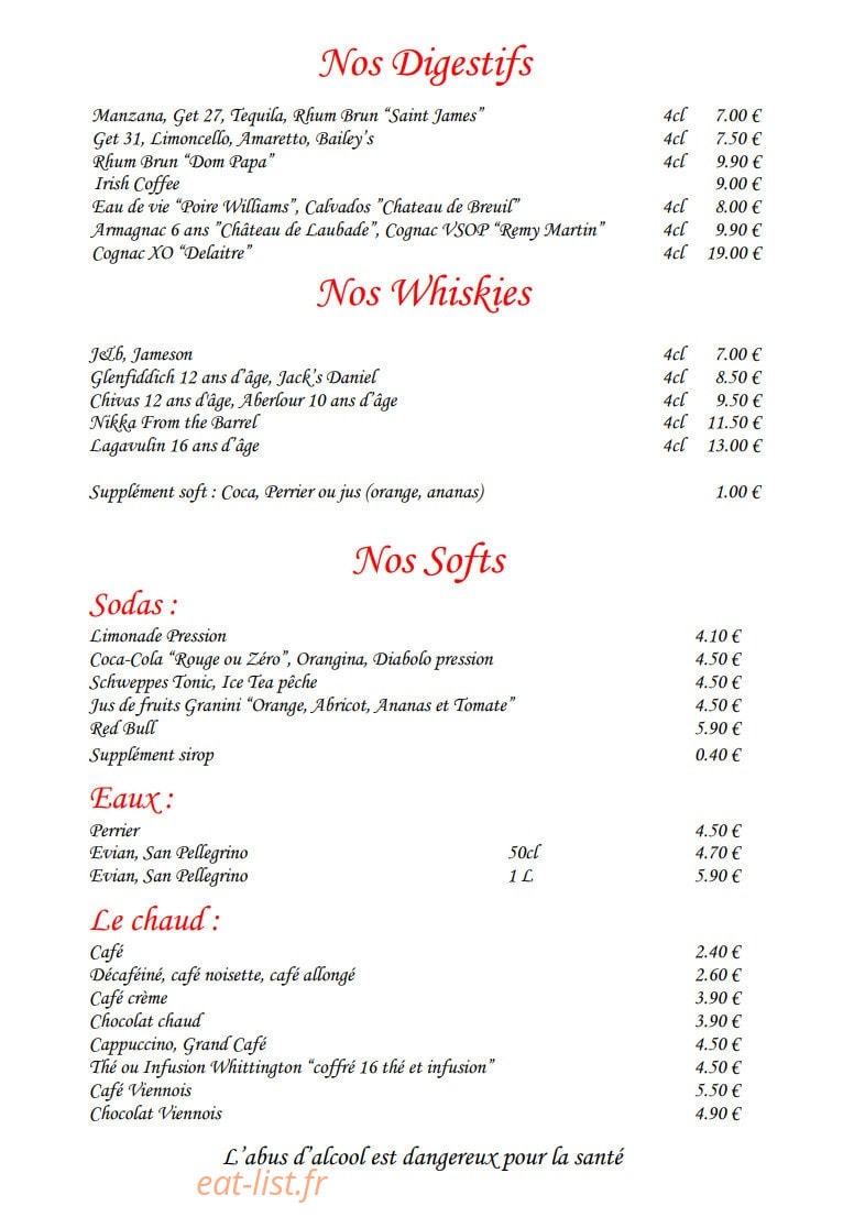 Carte et menu de Le Faubourg La Défense à Nanterre — Les digestifs, whiskies et softs