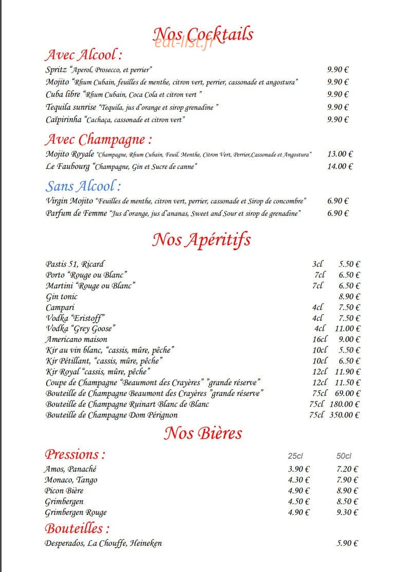 Carte et menu de Le Faubourg La Défense à Nanterre — Les cocktails, apéritifs et bières